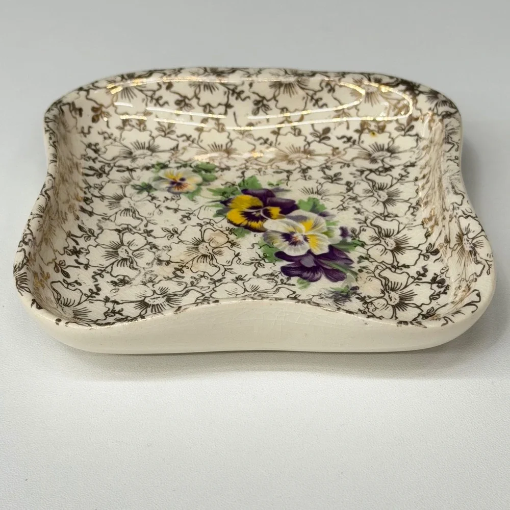 Vintage Pansy Floral Porcelain Trinket Dish Square Jewelry Ring Vanity Pin Tray